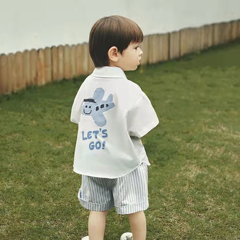 Bộ Áo Sơ Mi Cotton Ngắn Tay + Quần Short Mỏng In Họa Tiết Hoạt Hình Phong Cách Nhật Hàn Thời Trang Mùa Hè Cho Bé Trai