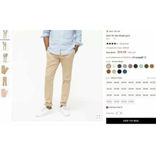 Quần Chino Khaki Nam Jcrew Slimfit Flex Pant Mercantile-Có Sẵn Giá Siêu Tốt