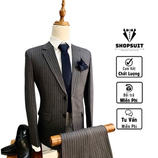 Bộ vest nam from dáng Hàn Quốc, kẻ sọc xám 2 cúc SHOP SUIT