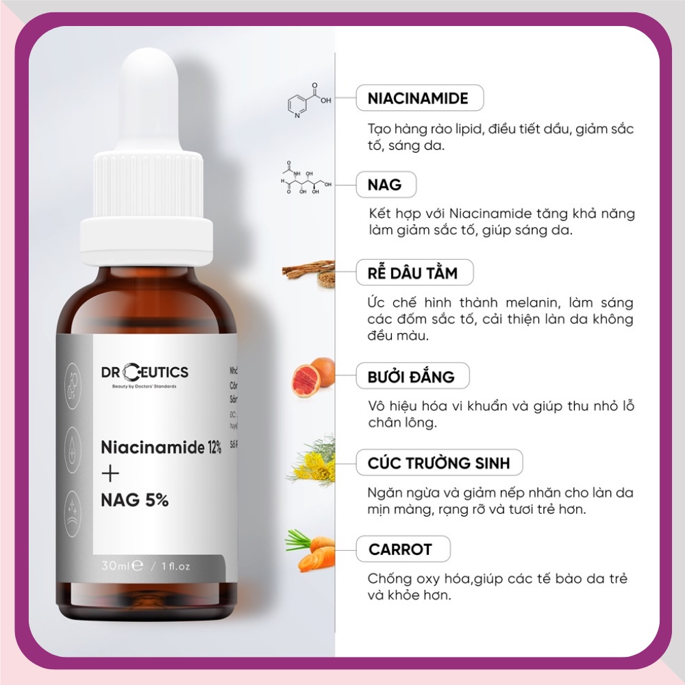 Tinh Chất Vitamin B3 DrCeutics Niacinamide 12% + NAG 5% Giảm Thâm Sáng Da Kiềm Dầu 30mL - 100mL