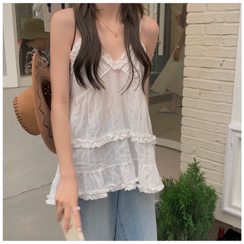Áo Hai Dây Voan Ren Xếp Tầng Kiểu Dáng Babydoll