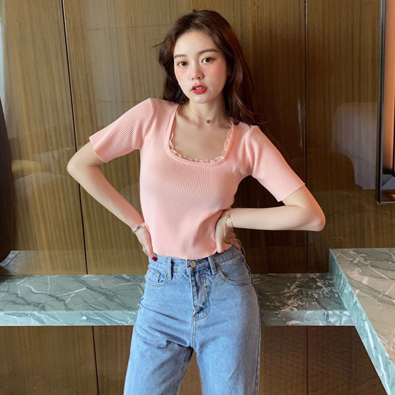 Áo Thun Nữ Ngắn Tay Cổ Vuông Phối Ren Thời Trang