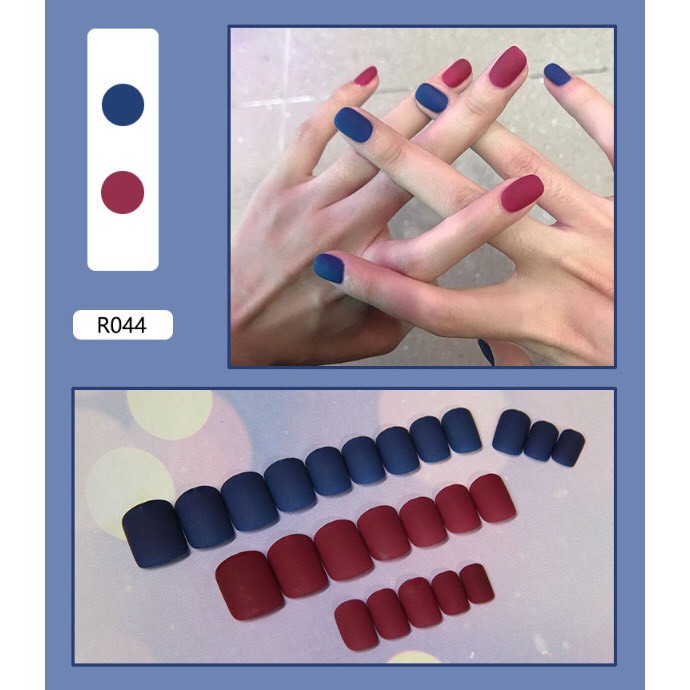 Set 24 móng tay giả họa tiết 3D cao cấp kèm keo dán sơn lì xanh phối đỏ 044