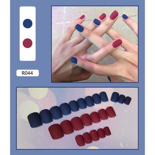 Set 24 móng tay giả họa tiết 3D cao cấp kèm keo dán sơn lì xanh phối đỏ 044