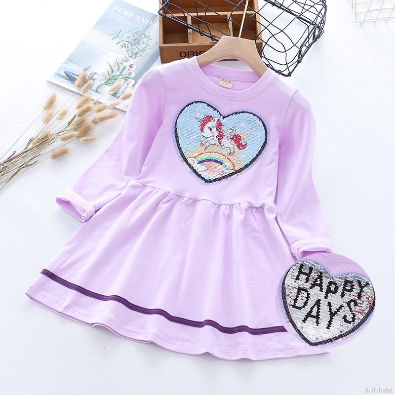 Đầm dài tay họa tiết hoạt hình cho bé gái từ 3 đến 8 tuổi