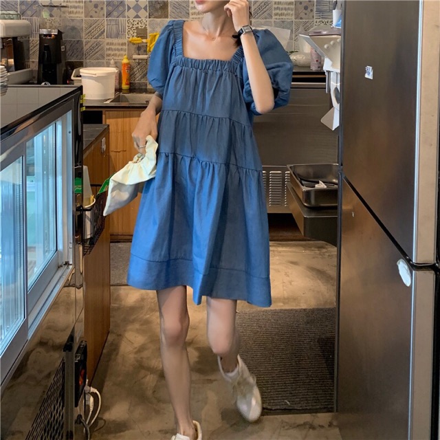 (Có sẵn) Đầm denim cổ vuông- tay phồng-ảnh thật- Hàng nhập (có size cho bạn 80kg) | BigBuy360 - bigbuy360.vn