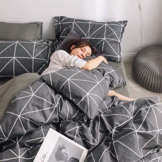 Cotton poly bộ chăn ga gối kẻ ô xám
