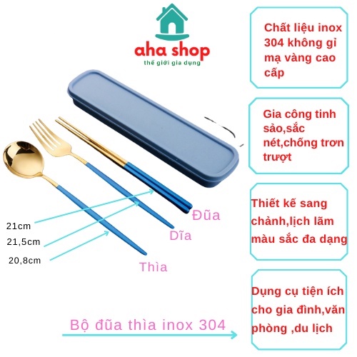 Bộ Đũa Thìa Inox 304 Không Gỉ Mạ Vàng Cao Cấp 3 Món Full Box