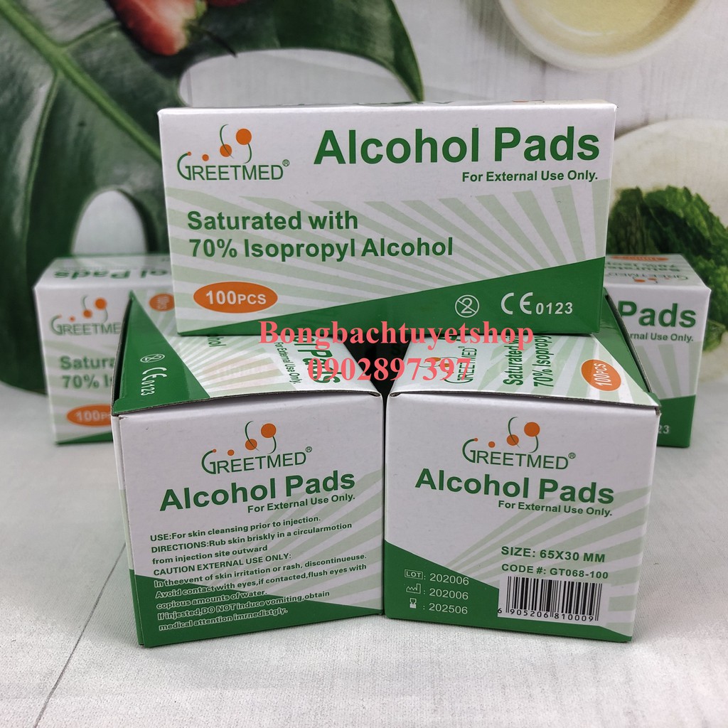 Bông tẩm cồn Greetmeed (Hộp 100 miếng) – Alcohol Pads - Bông tẩm cồn làm sạch da trước khi tiêm, lau điện thoại, lau tay