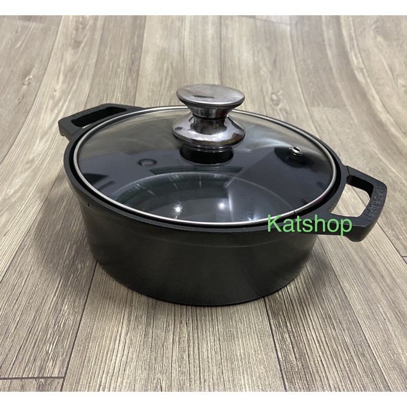 Nồi Gang Đúc ( Cast iron) Chống Dính Nắp Kính Cao Cấp Size 20-22cm