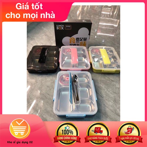 Hộp Đựng Cơm Văn Phòng Khay Inox 5 Ngăn Có Bát Để Canh Bọc Nhựa Bên Ngoài, Có Giá Để Điện Thoại - Tặng Kèm Thìa Đũa Inox