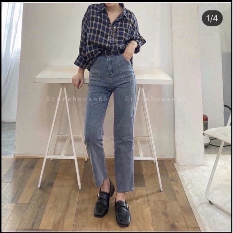 Quần Jeans bò ống đứng cạp caoDAQUY20quần JEANS ống đứng phong cách Hàn quốc cạp cao co zãn cực xinh