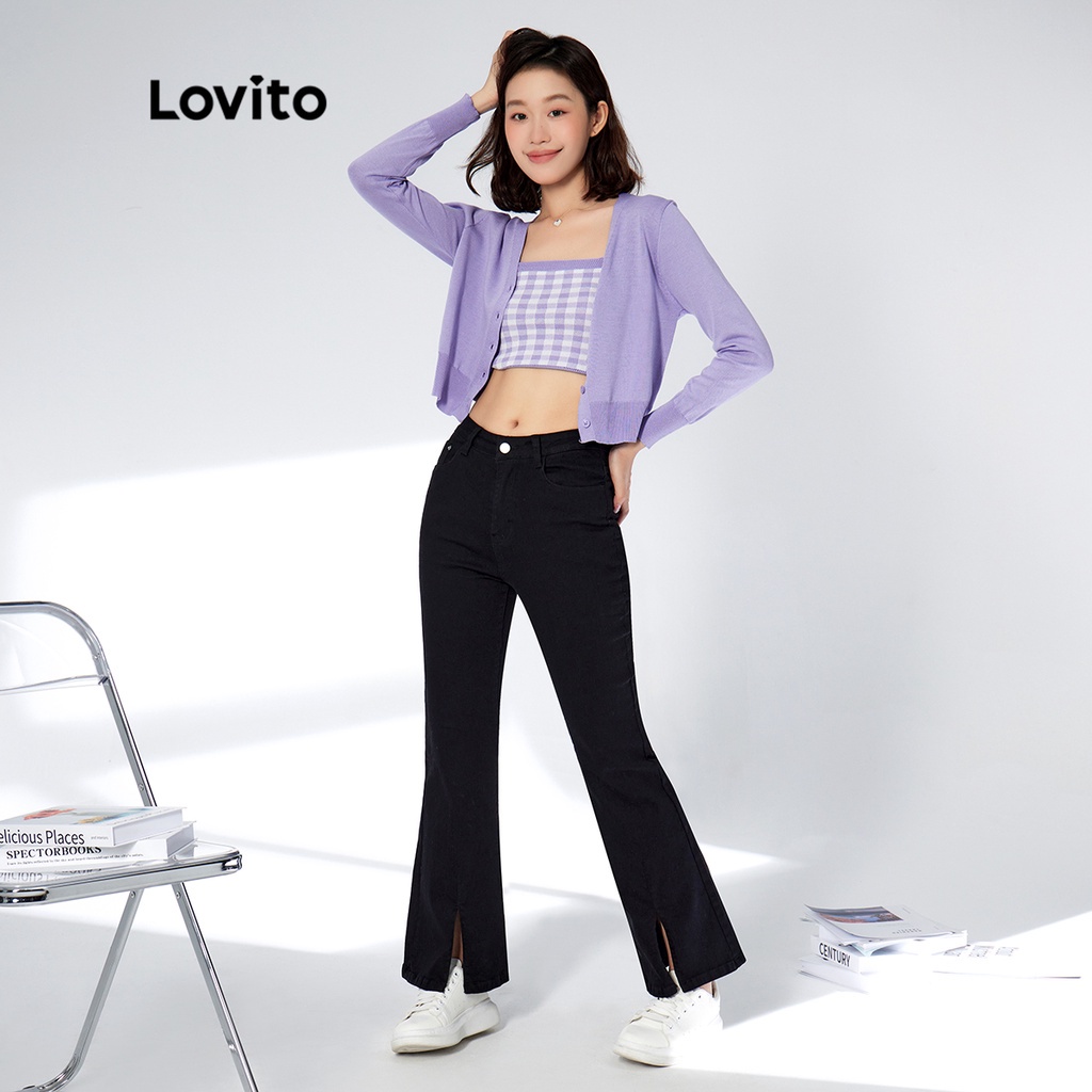 Áo Crop Top Lovito Đan Len Gingham L33AD136 (Màu Tím/Đen)