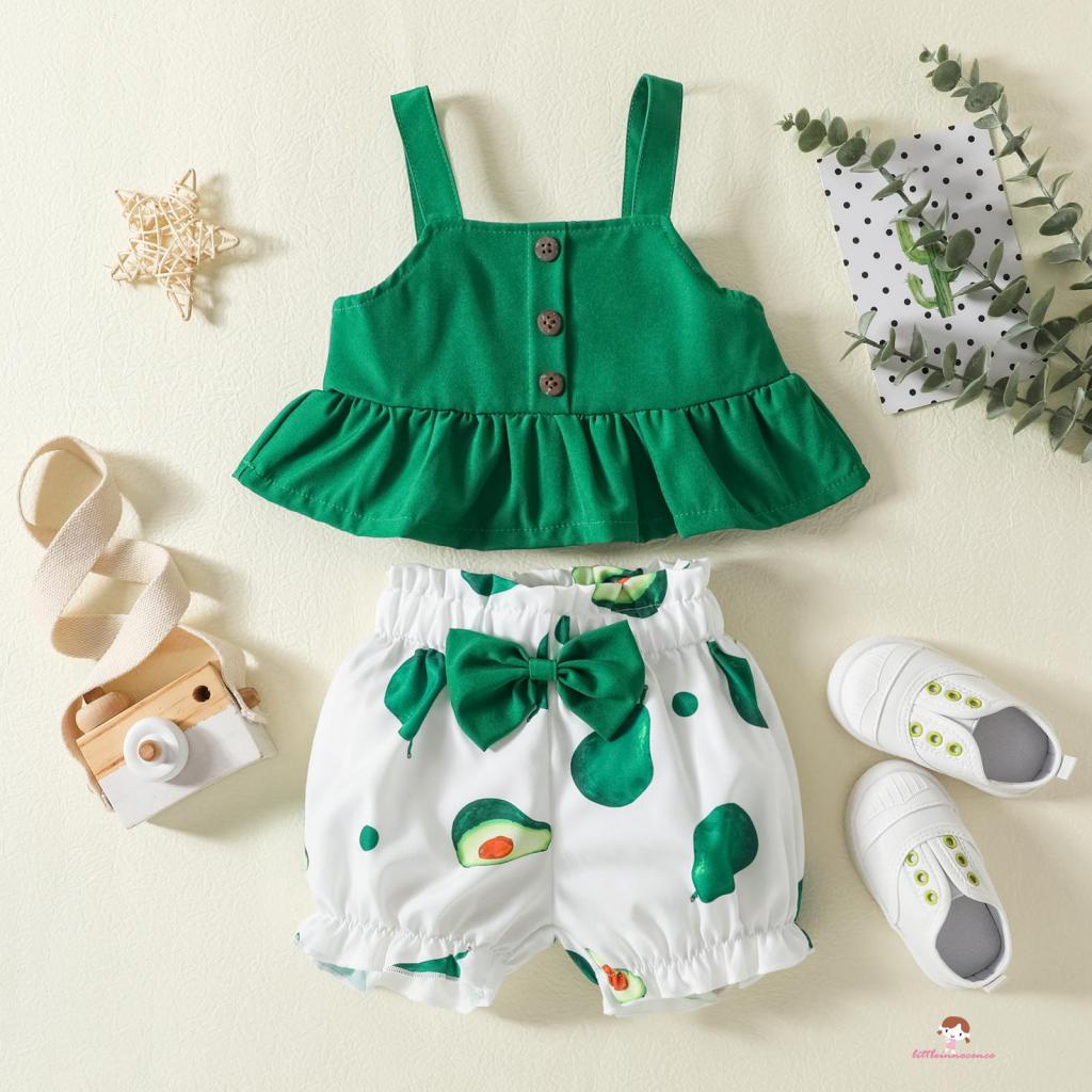 Set Đồ 2 Món Gồm Áo Không Tay Màu Trơn Có Diềm Xếp Nếp Và Quần Ngắn Lưng Thun In Hình Quả Bơ Trang Trí Nơ Cho Bé Gái