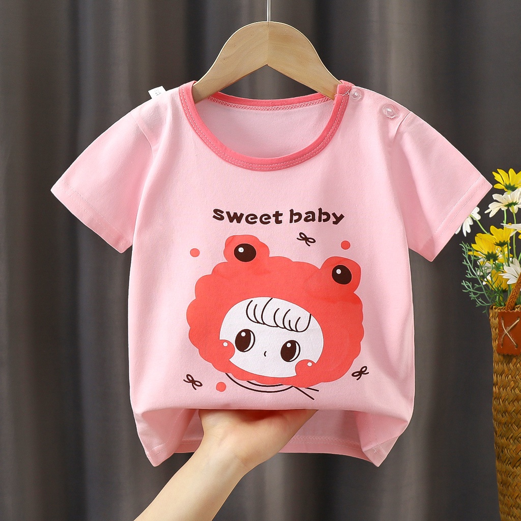 Áo Thun Tay Ngắn Vải Cotton Thiết Kế Dễ Thương Cho Bé Gái Từ 0-7 Tuổi