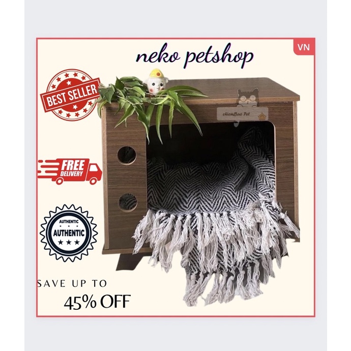 nhà gỗ cho mèo - ổ mèo bằng gỗ- đệm gỗ