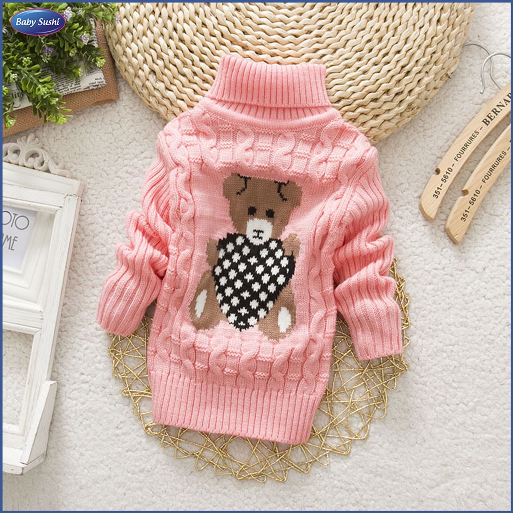 Áo len trẻ em chất dày ấm áp cho trẻ từ 1 - 8 tuổi, áo len cao cổ cho bé trai bé gái, áo len cổ lọ hình gấu