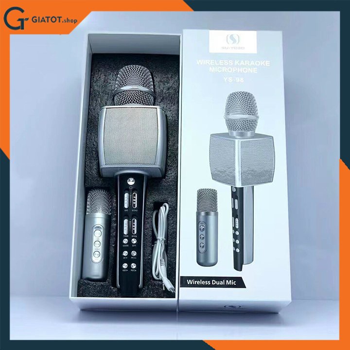 Micro karaoke bluetooth YS98 cao cấp thêm 1 mic để hát song ca tích hợp loa bass tress