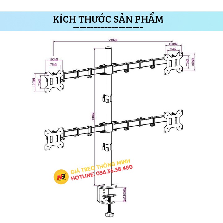 Giá Treo Bốn Màn Hình Máy Tính M054 Kẹp Thành Bàn 17 - 27 Inch - Tay Đỡ 4 Màn Hình Xoay 360 Độ