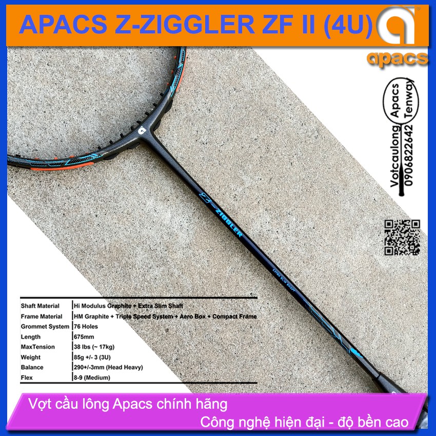 [Vợt cầu lông Apacs Z-Ziggler ZFII - 4U] Thân đũa 6.4mm chống cản gió, đen mạnh mẽ vân xanh nam tính