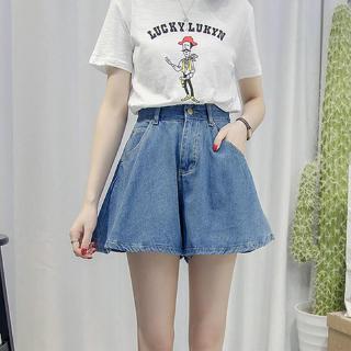 Quần short jean lưng cao ống rộng màu trơn thời trang cho nữ