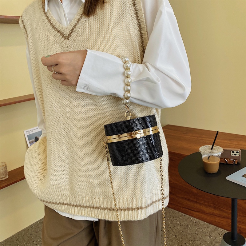 Túi đeo chéo IELGY kiểu hình trụ đính đá sáng bóng phối dây ngọc trai thời trang nhỏ gọn dành cho nữ