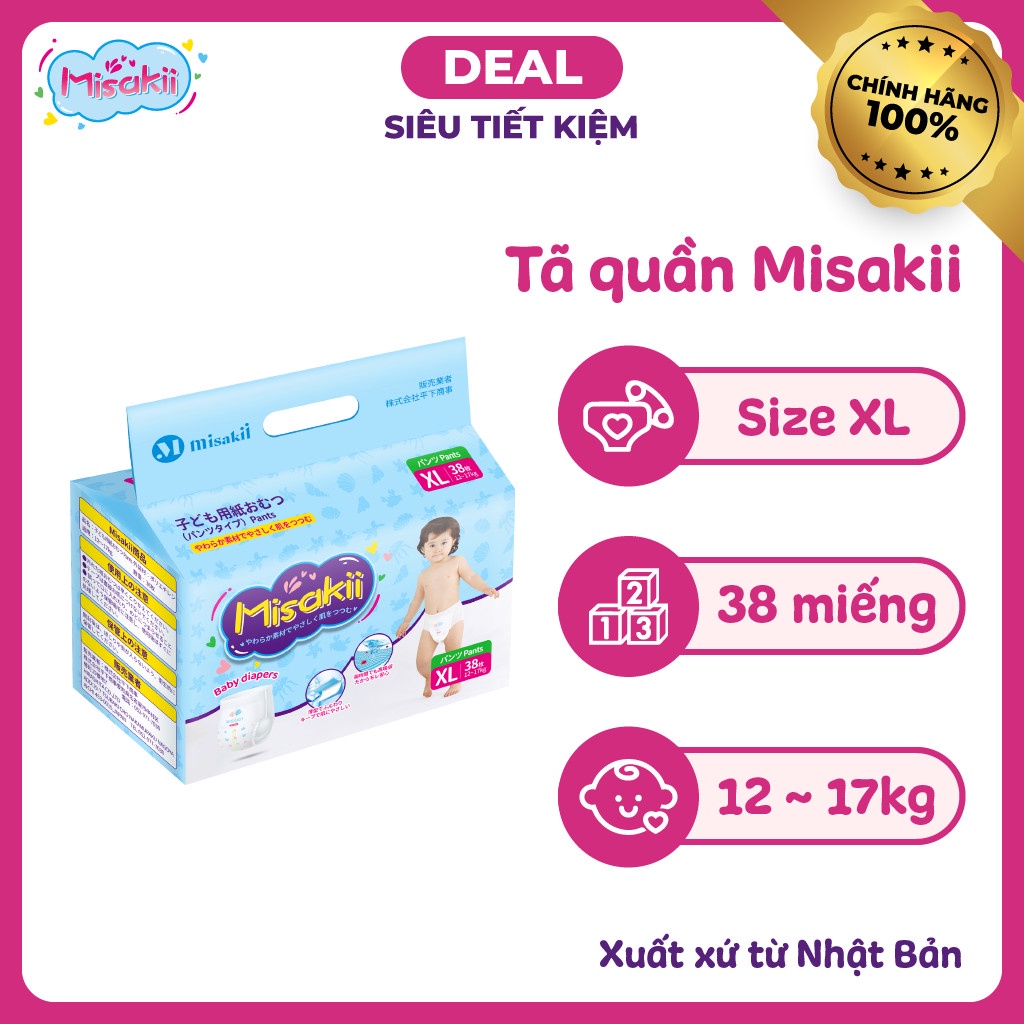 [TẶNG QUÀ] Tã/Bỉm MISAKII Quần/Dán công nghệ Nhật Bản Đủ Size NB90/S82/M64/L54/M58/L44/XL38/XXL26