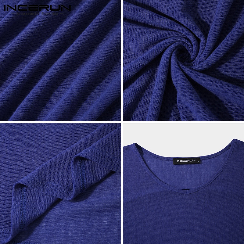 Áo thun INCERUN mỏng cổ chữ V màu trơn co giãn thời trang thông thường cho nam