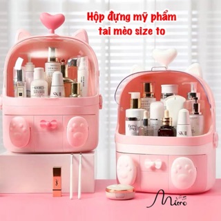 [SẴN HÀNG] Hộp Đựng Mỹ Phẩm Cao Cấp Có Nắp Trong Suốt Chông Bụi Tai Mèo Đáng Yêu