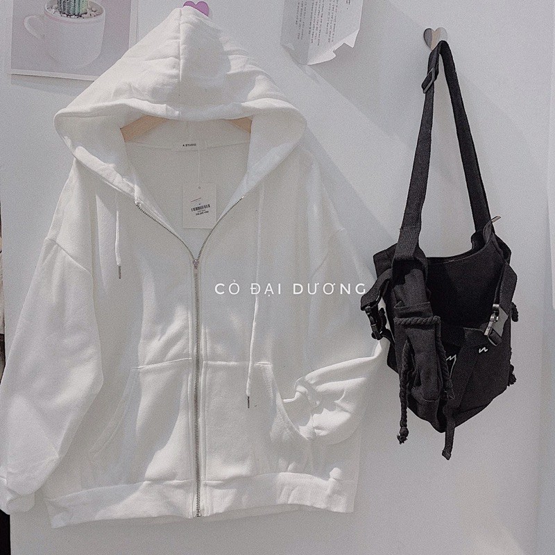 Áo hoodie nam nữ có khóa dọc chất cotton da cá hai màu đen trắng | BigBuy360 - bigbuy360.vn