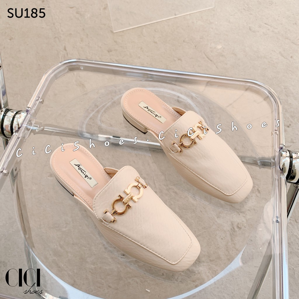 Giày cao gót nữ CiCi Shoes 1cm gót vuông, dép sục mũi vuông khoá xích - SU185