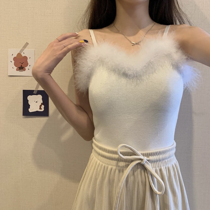 Áo Hai Dây Dệt Kim Mỏng Màu Sắc Trơn Lông Vũ Gợi Cảm xiangbao Cho Nữ