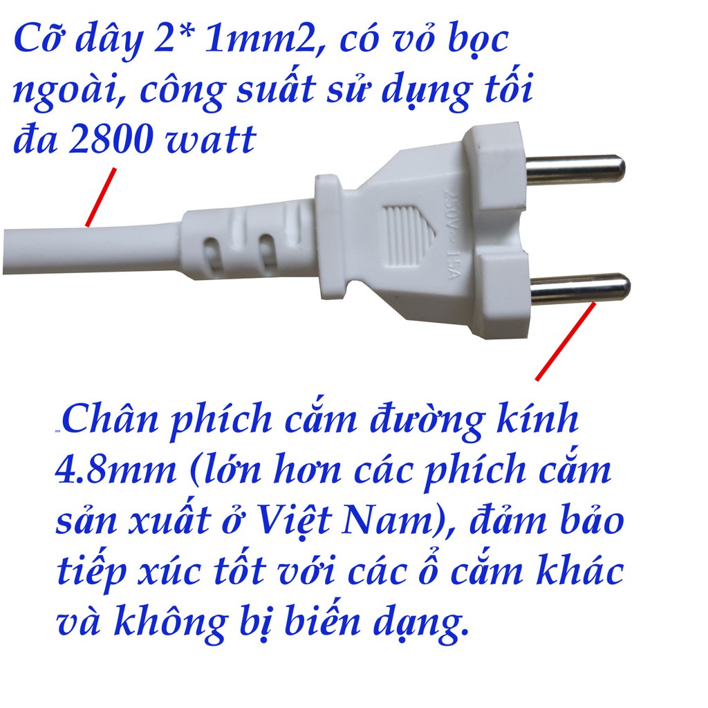 Ổ cắm điện quang 5 lổ 5 công tắc dây 5 mét - mỗi ổ cắm có công tắc riêng - công suất 2800 watt