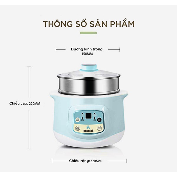 Nồi nấu cháo chậm Bonbebe BB31 Chính hãng - Nồi hầm cách thủy, chưng hấp, nấu canh soup cho bé - BH 12 THÁNG