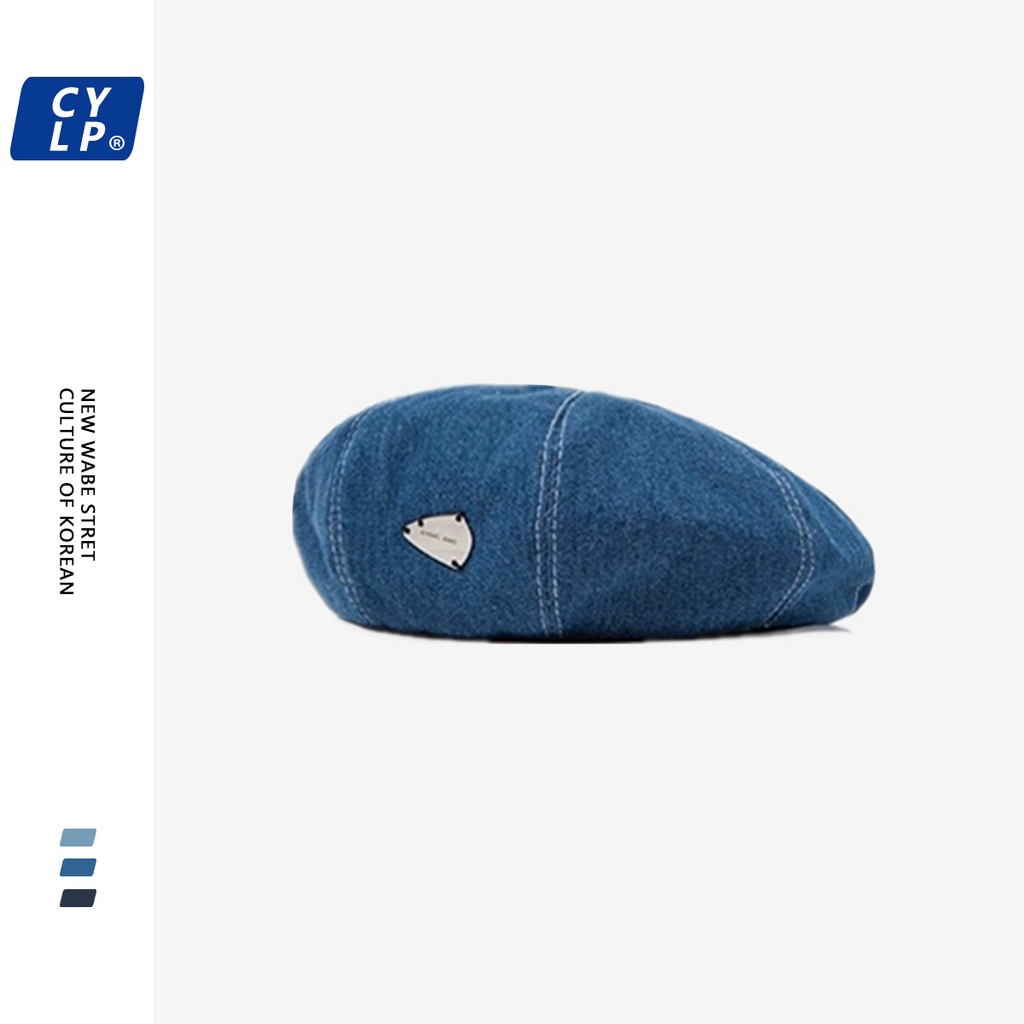 Mũ Beret Denim Phối Nhãn Kim Loại Thời Trang Thu Đông Hàn Quốc Cho Nam Và Nữ
