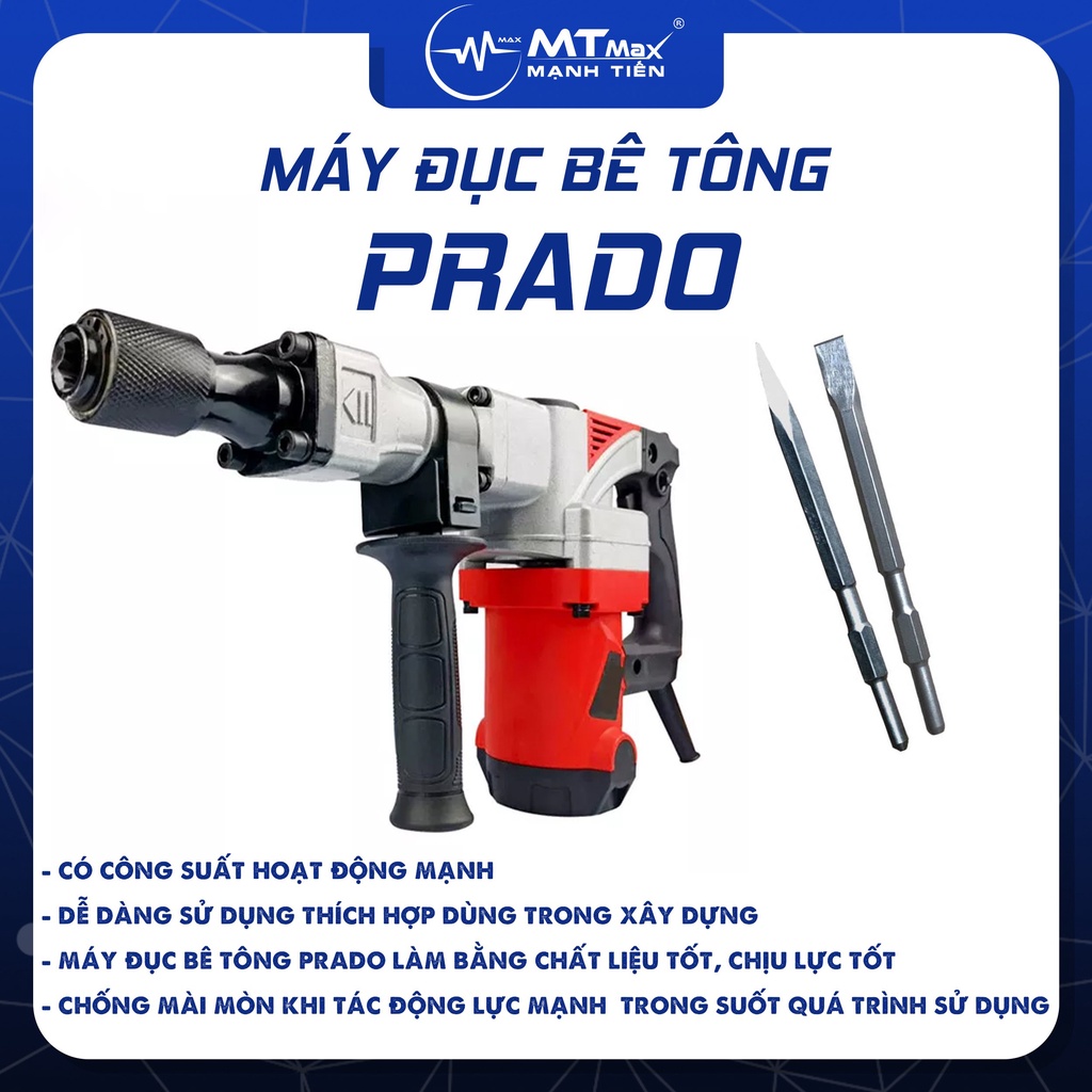 Máy đục bê tông, đục gỗ, phá tường PRADO cầm tay công xuất lớn bền bỉ hộp đựng sang trọng tặng kèm 2 mũi đục