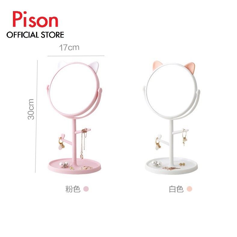 Gương trang điểm để bàn tai gấu Pison có móc treo và khay đựng trang sức - SP0202 - 01 cái