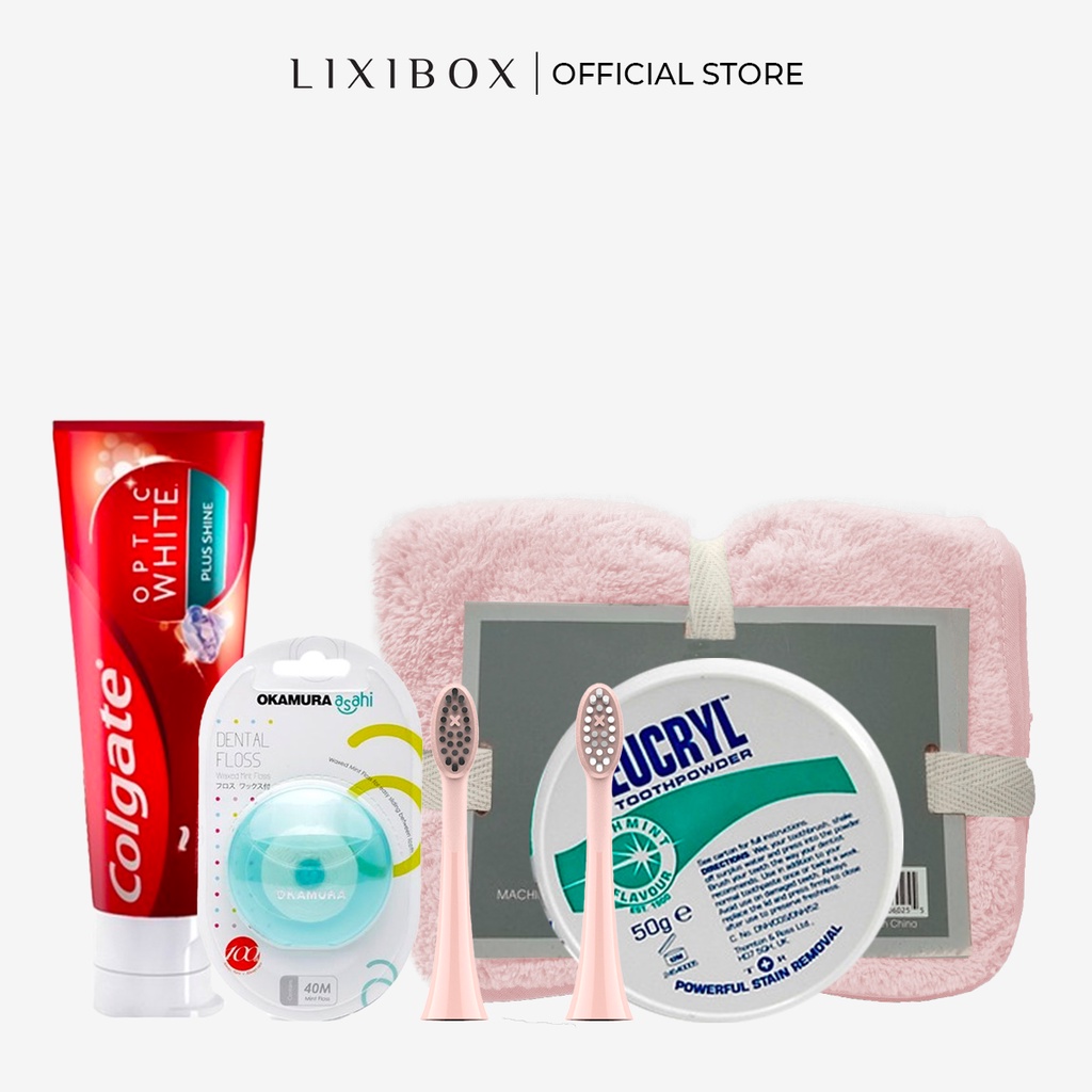 [HB Gift] Combo 2 đầu bàn chải-hồng,kem đánh răng colgate,Bột đánh răng Eucryl,chỉ nha khoa Okamura,khăn mặt Lixibox