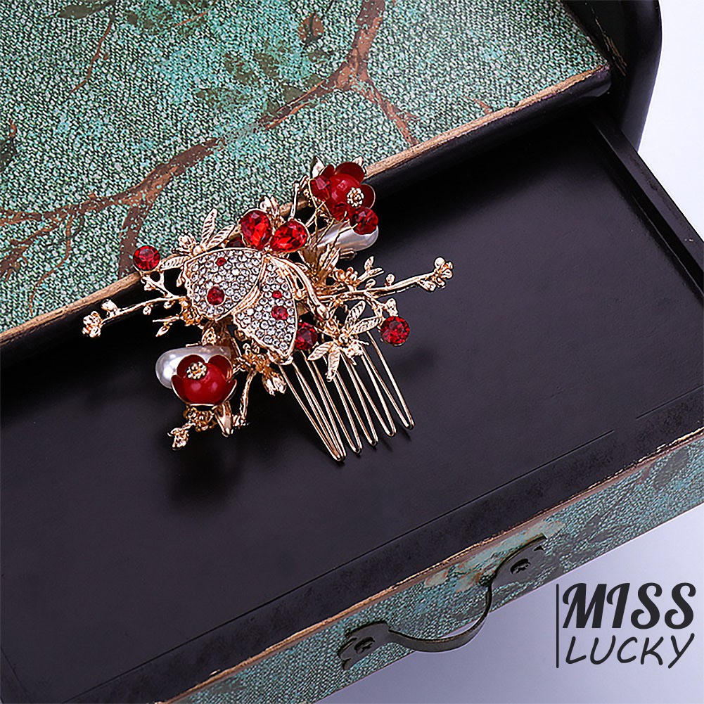 Bộ trang sức gồm cài tóc 2 trâm cài và đôi bông tai bằng hợp kim hình hoa lá đính đá xinh xắn cho nữ