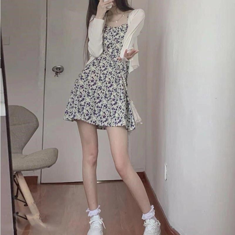 Váy 2 dây hoa  Mùa hè Váy ngắn có tính cách ngọt ngào và nhẹ nhàng nữ