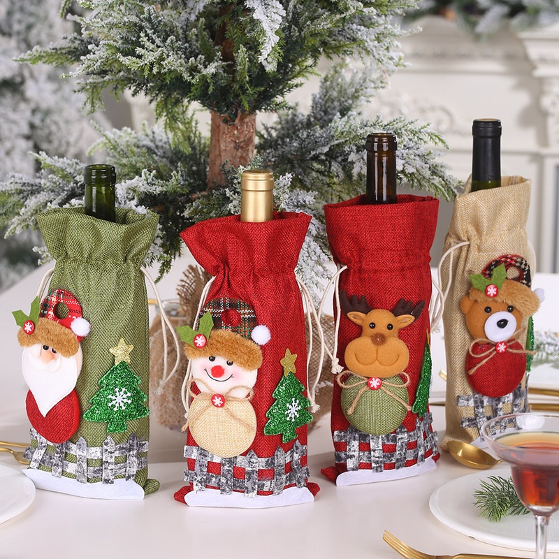 1 vỏ bọc chai rượu vang rút dây bằng vải lanh hình ông già noel trang trí bàn ăn giáng sinh