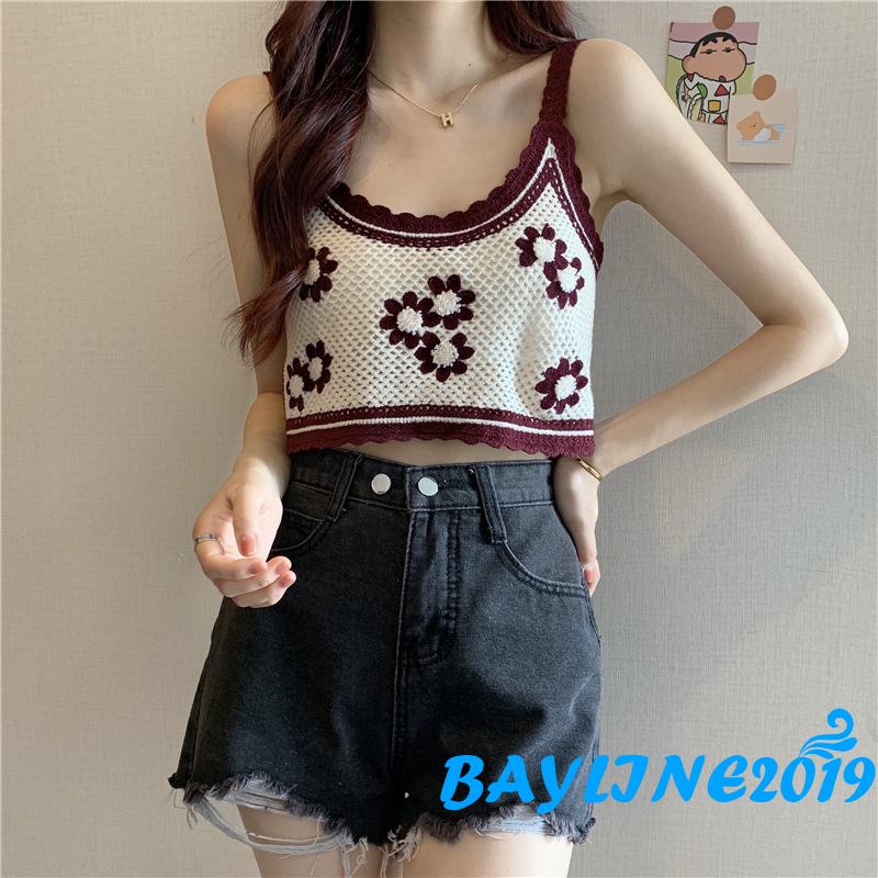 Áo hai dây dệt kim thêu họa tiết hoa thời trang dành cho bạn nữ