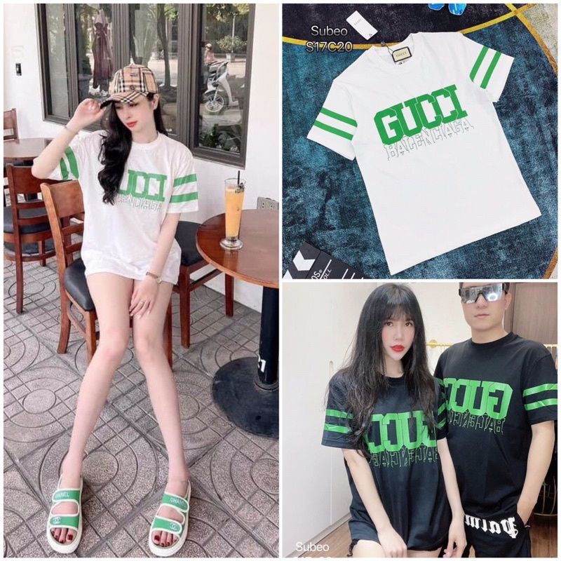 Áo Thun in Hình Form Rộng Hai Màu Tay Phối Sọc Xanh Freesize