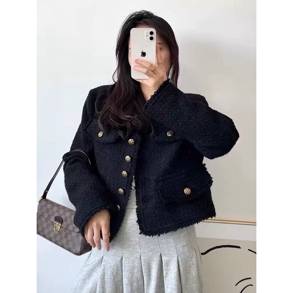 ÁO DẠ TWEED ĐEN DÁNG NGẮN - ÁO KHOÁC NỮ THU ĐÔNG