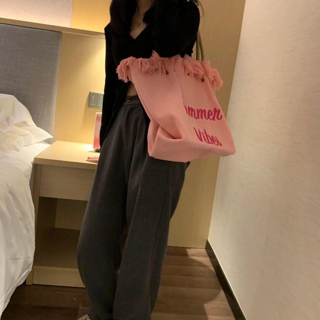 Túi Tote Đeo Vai Vải Canvas Thêu Chữ 2022 Phối Tua Rua Thời Trang Mùa Hè Thông Dụng Cho Nữ