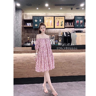 váy hoa cúc trễ vai tiểu thư chất đũi
