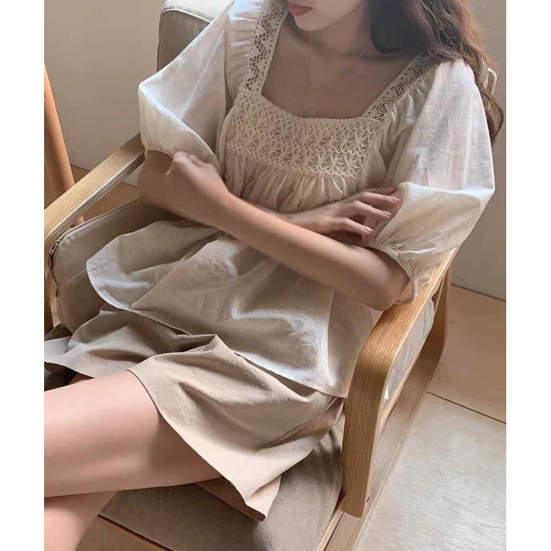 Set đũi cổ vuông viền ren Hàn Quốc mẫu mới