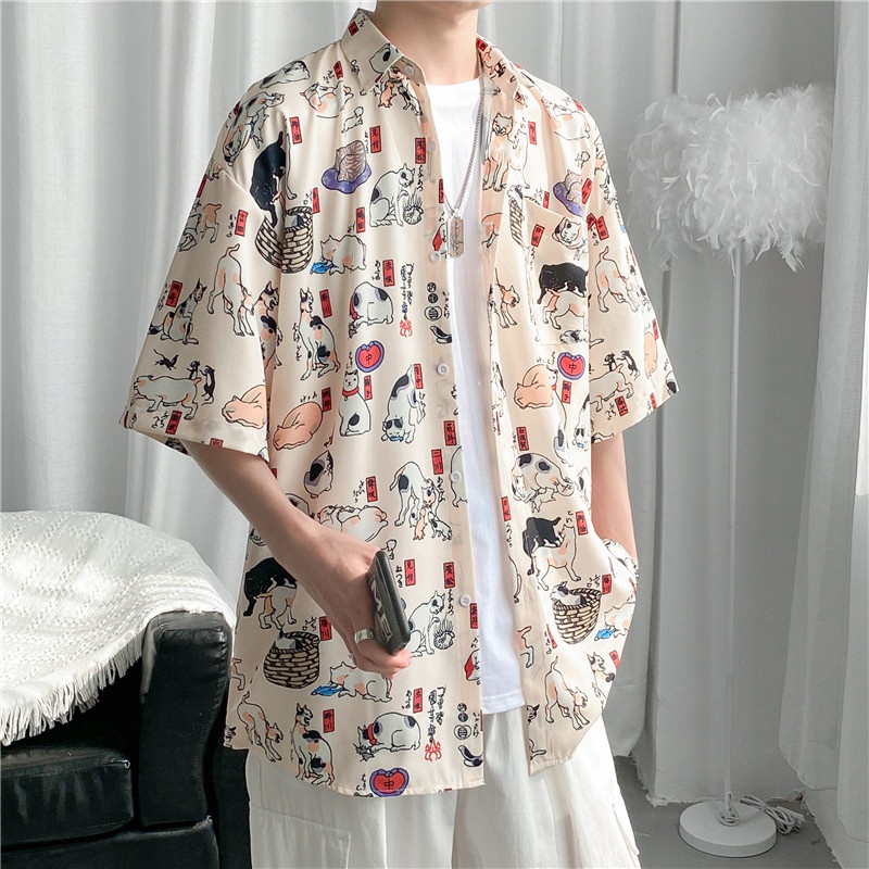 Áo Sơ Mi Nam Ngắn Tay In Hoạt Hình Mèo Và Chó Kiểu Hàn Quốc Trẻ Trung
