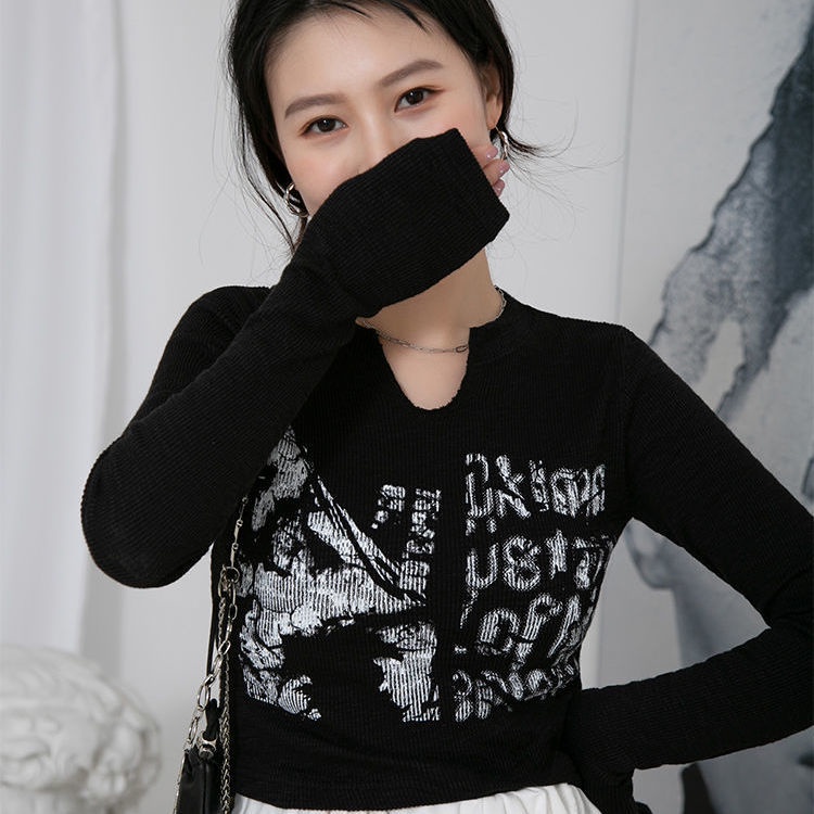 Áo Thun cotton Mỏng Tay Dài Cổ Chữ v Ôm Dáng In Chữ Thời Trang Mùa Xuân Hàn Quốc 2022 Cho Nữ