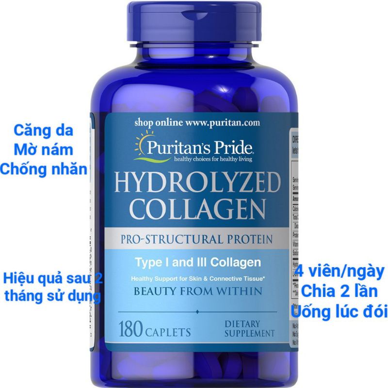 Viên Uống Đẹp Da, Mờ Nám Collagen Thủy Phân Hydrolyzed Puritan's Pride 1000mg 180 viên